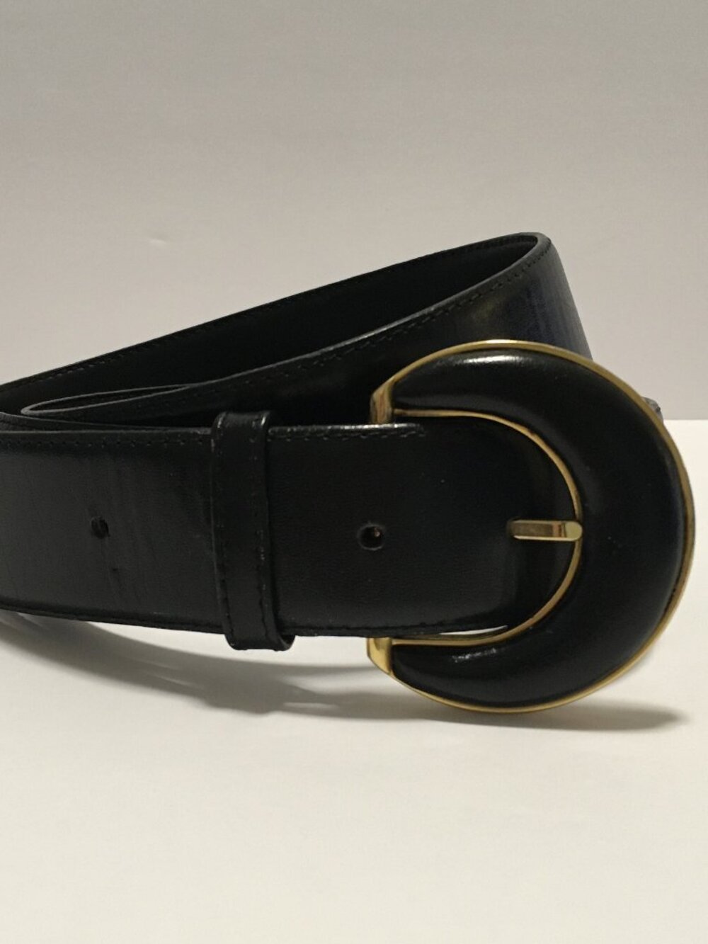 Vintage Liz Claiborne Black Leather Belt Fullgrain Semi Aniline Gold Tone Sz L